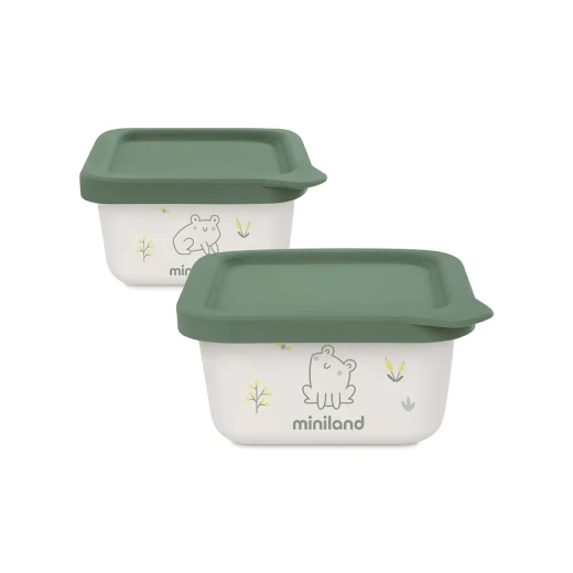Miniland Food Containers Set of 2 , 400ml Capacity , with airtight silicone lids , For Storing Baby Food - FROG Miniland Food Containers Set of 2 , 400ml Capacity , with airtight silicone lids , For Storing Baby Food - FROG