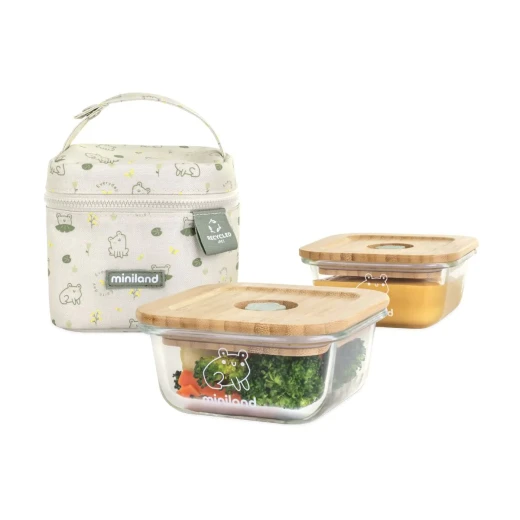 Miniland Glass Food Containers Set of 2 , 210ml Capacity , Wood Lids , With Insulated Bag , FROG Miniland Glass Food Containers Set of 2 , 210ml Capacity , Wood Lids , With Insulated Bag , FROG