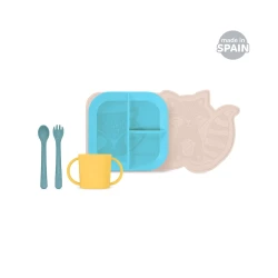 طقم أدوات مائدة للأطفال مكون من 5 قطع (طبق، ملعقة، شوكة، كوب، مفرش طاولة مانع للانزلاق) - ألوان زاهية من ميني لاند