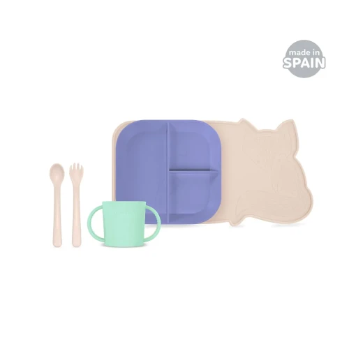 Miniland Baby Tableware set of 5 ( Plate , Spoon , Fork , Cup, Non Slip PlaceMat ) - Sunset Miniland Baby Tableware set of 5 ( Plate , Spoon , Fork , Cup, Non Slip PlaceMat ) - Sunset
