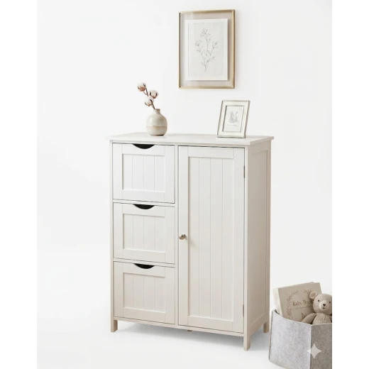 White Wooden Nursery Storage Cabinet with 3 Drawers and 1 Door Freestanding Baby Organizer Unit 30x60x81 cm - Image 5