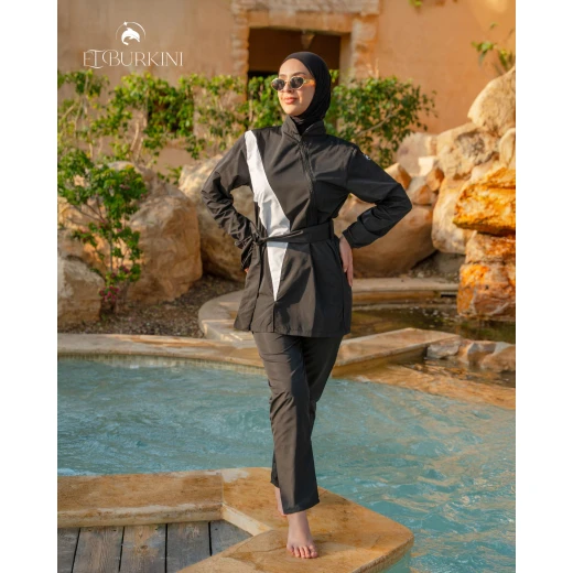 لباس سباحة بوركيني أتلانتيك كامل باللون الأسود الملكي للنساء مكون من قطعتين للحماية من الشمس وتغطية كاملة للجسم مع بنطال وسترة طويلة للسباحة المحتشمة قماش سريع الجفاف وعالي الجودة ومرن لراحة تدوم طويلا - بوركيني - Image 2