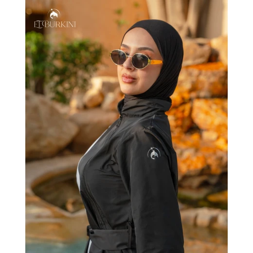 لباس سباحة بوركيني أتلانتيك كامل باللون الأسود الملكي للنساء مكون من قطعتين للحماية من الشمس وتغطية كاملة للجسم مع بنطال وسترة طويلة للسباحة المحتشمة قماش سريع الجفاف وعالي الجودة ومرن لراحة تدوم طويلا - بوركيني - Image 3