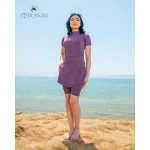 لباس سباحة بوركيني هندي لايت باللون العنابي الملكي للنساء للحماية من أشعة الشمس وتغطية خفيفة مريحة للجسم سترة سباحة محتشمة مع تنورة وشورت قماش سريع الجفاف وعالي المرونة والجودة للبحار والمسابح - بوركيني