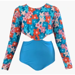Sandy Toes Blue Floral One Piece Girls Swimsuit with Open Side Cut Design, UV Protection Fabric, Floral Top and Blue Bottom Swimwear for Kids