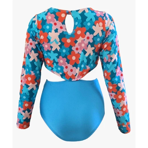 Sandy Toes Blue Floral One Piece Girls Swimsuit with Open Side Cut Design, UV Protection Fabric, Floral Top and Blue Bottom Swimwear for Kids - Sandy toes - Image 3