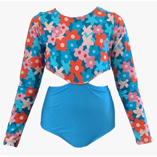 Sandy Toes Blue Floral One Piece Girls Swimsuit with Open Side Cut Design, UV Protection Fabric, Floral Top and Blue Bottom Swimwear for Kids Sandy Toes Blue Floral One Piece Girls Swimsuit with Open Side Cut Design, UV Protection Fabric, Floral Top and Blue Bottom Swimwear for Kids