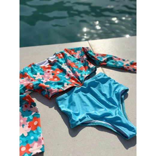 Sandy Toes Blue Floral One Piece Girls Swimsuit with Open Side Cut Design, UV Protection Fabric, Floral Top and Blue Bottom Swimwear for Kids - Sandy toes - Image 5