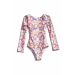 Sandy Toes Rainbow Long Sleeve Girls Swimsuit with UV Protection Fabric, Open Back Design, Colorful Swimwear for Kids - Sandy toes