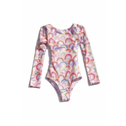 Sandy Toes Rainbow Long Sleeve Girls Swimsuit with UV Protection Fabric, Open Back Design, Colorful Swimwear for Kids