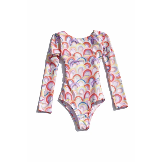 Sandy Toes Rainbow Long Sleeve Girls Swimsuit with UV Protection Fabric, Open Back Design, Colorful Swimwear for Kids Sandy Toes Rainbow Long Sleeve Girls Swimsuit with UV Protection Fabric, Open Back Design, Colorful Swimwear for Kids