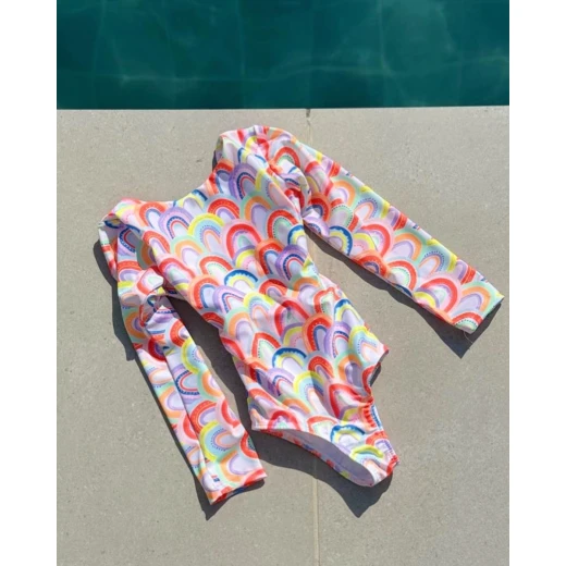 Sandy Toes Rainbow Long Sleeve Girls Swimsuit with UV Protection Fabric, Open Back Design, Colorful Swimwear for Kids - Sandy toes - Image 4