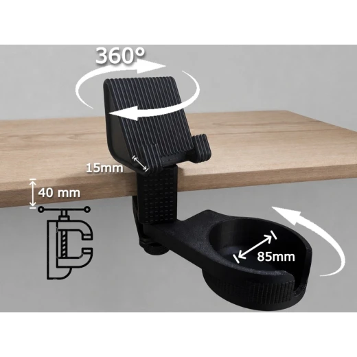 2-in-1 Desk Cup Holder and Phone Tablet Mount with Clamp – 360° Rotating Edge Desk Organizer for Smartphones, Tablets, Office, Study and Gaming Setup - Smart solutions - Image 4