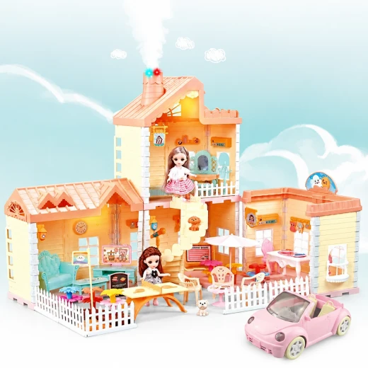 Princess Doll House Play Set with Convertible Car and 2 Dolls – Interactive Multi-Room Dollhouse with Spray Function and Accessories for Creative Pretend Play
