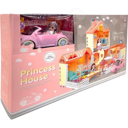 Princess Doll House Play Set with Convertible Car and 2 Dolls – Interactive Multi-Room Dollhouse with Spray Function and Accessories for Creative Pretend Play - Kartoneh - Image 3