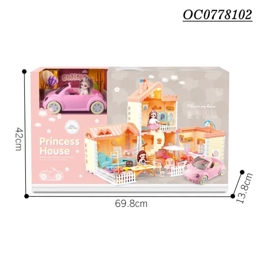 Princess Doll House Play Set with Convertible Car and 2 Dolls – Interactive Multi-Room Dollhouse with Spray Function and Accessories for Creative Pretend Play - Kartoneh - Image 4