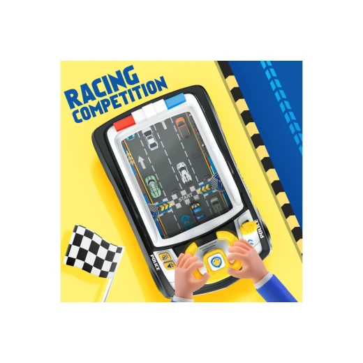 Interactive Police Car Driving Toy for Kids with Steering Wheel, Racing Track Simulation Screen, Lights and Sound Effects, Pull Rope Feature, Educational Toy for Ages 3+