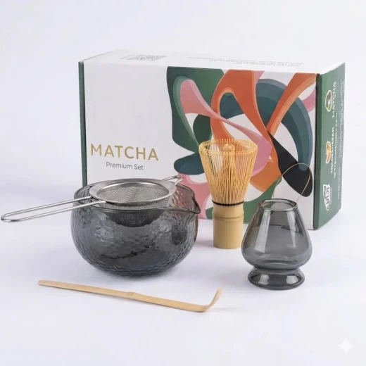 Matcha Kit Glass Set 5 Pcs with elegant transparent design, includes a glass bowl, bamboo whisk, bamboo scoop, and whisk holder Easy to use, beginner-friendly, and perfect for traditional matcha preparation Comes with a box - Andi terra - Image 2