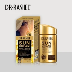 كريم واقي شمس مضاد لعلامات التقدم في العمر بمعامل حماية 100 من Dr. Rashel يوفر حماية عالية جداً من الأشعة فوق البنفسجية مع ترطيب عميق وتقليل التجاعيد بتركيبة خفيفة سريعة الامتصاص للاستخدام اليومي