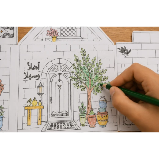 Harti Spring Village – Creative DIY coloring and folding village kit for kids, inspired by Jordanian and Ammani culture and spring themes, made of 320 GSM black and white card, includes 6 pieces, max height 21 cm and max width 40 cm, fun educational craft activity for creativity and hands-on learning - Image 3