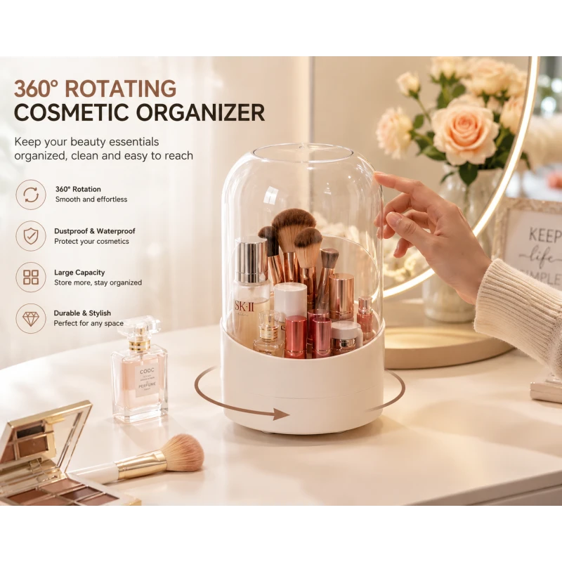 360° Rotating Makeup Organizer – Dustproof Cosmetic Brush & Beauty Storage Holder with Transparent Cover - Makeup Factory