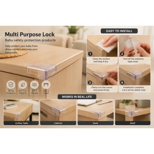 Multi Purpose Baby Safety Corner Protector Guards for Tables Furniture Cabinets and Sharp Edges 4 Pack - Baby Safe - Image 3