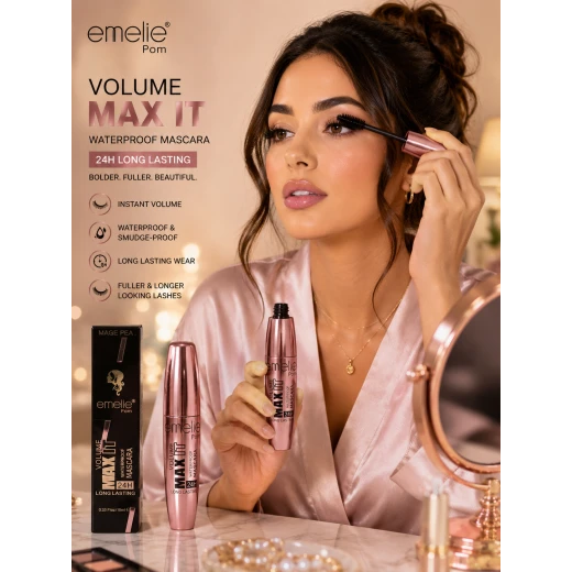 Emelie Volume Max It Waterproof Mascara Makeup Product for Volumizing Lengthening and Twenty Four Hour Long Lasting Wear Emelie Volume Max It Waterproof Mascara Makeup Product for Volumizing Lengthening and Twenty Four Hour Long Lasting Wear