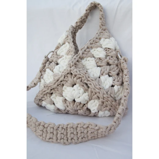 Handmade Crochet Bag in Beige and White with 70 cm Strap and Soft Satin Lining, Lightweight Elegant Design for Daily Use, Casual Outfits, and Stylish Fashion Looks - Crochet zino - Image 8