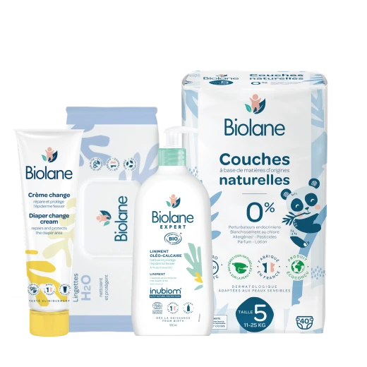 Biolane Complete Diaper Care Bundle – Organic Liniment 500ml + Diaper Change Cream 100ml + H2O Wipes 72 + Size 5 Diapers (40 pcs) | Gentle Protection for Sensitive Baby Skin – Biolane France
