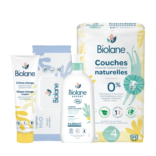 Biolane Complete Diaper Care Bundle Size 4 – Organic Liniment 500ml + Diaper Change Cream 100ml + H2O Wipes 72 + Size 4 Diapers (44 pcs) | Gentle Protection for Sensitive Baby Skin – Biolane France