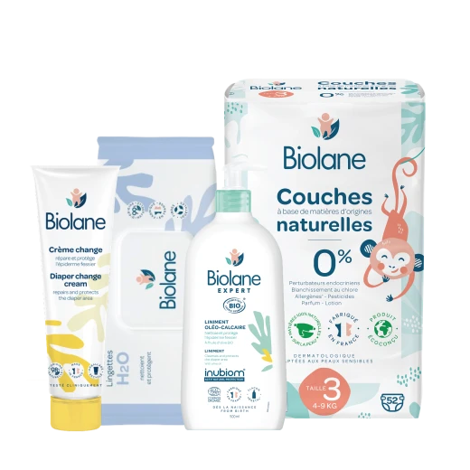 Biolane Complete Diaper Care Bundle Size 3 – Organic Liniment 500ml + Diaper Change Cream 100ml + H2O Wipes 72 + Size 3 Diapers (52 pcs) | Gentle Protection for Sensitive Baby Skin – Biolane France