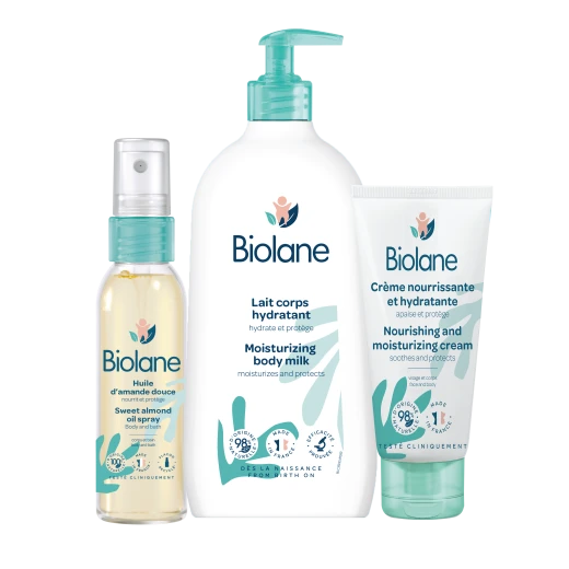 Biolane Baby Moisturizing Care Bundle – Sweet Almond Oil 75ml + Moisturizing Body Milk 350ml + Nourishing & Moisturizing Cream 100ml | Deep Hydration for Sensitive Baby Skin – Biolane France Biolane Baby Moisturizing Care Bundle – Sweet Almond Oil 75ml + Moisturizing Body Milk 350ml + Nourishing & Moisturizing Cream 100ml | Deep Hydration for Sensitive Baby Skin – Biolane France
