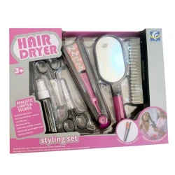Amigo Kids’ salon set including a hair straightener, scissors, and hair brushes