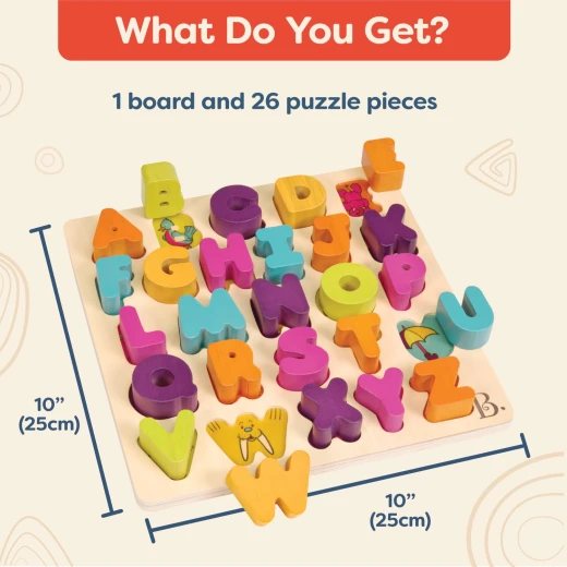B.Toys Alpha B. tical Wooden Alphabet Puzzle for Toddlers with 26 Chunky Letter Pieces, Educational ABC Learning Puzzle Toy for Letter Recognition, Shape Sorting, Fine Motor Skills Development for Kids 18 Months+ - B. toys - Image 4