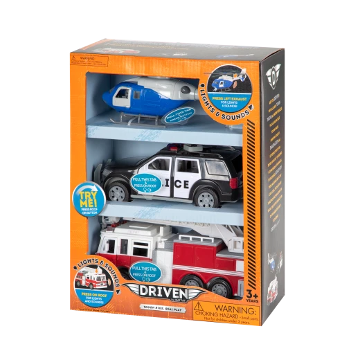 Driven, Micro Rescue Fleet Emergency Vehicle Toy Set Fire Truck Police SUV Helicopter with Lights and Sounds Kids Rescue Vehicles Playset Age 3+