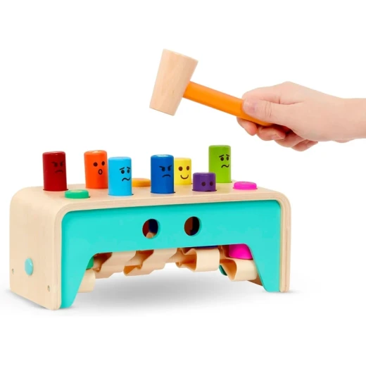 Battat, Pound and Count Wooden Bench 10-Peg Educational Toy for Toddlers Ages 1+ with Colorful Pegs Tiny Hands-Friendly Hammer Storage Slots to Learn Colors Numbers Emotions and Cause-and-Effect Skills - Battat - Image 2