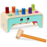 Battat, Pound and Count Wooden Bench 10-Peg Educational Toy for Toddlers Ages 1+ with Colorful Pegs Tiny Hands-Friendly Hammer Storage Slots to Learn Colors Numbers Emotions and Cause-and-Effect Skills - Battat