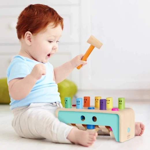 Battat, Pound and Count Wooden Bench 10-Peg Educational Toy for Toddlers Ages 1+ with Colorful Pegs Tiny Hands-Friendly Hammer Storage Slots to Learn Colors Numbers Emotions and Cause-and-Effect Skills - Battat - Image 4