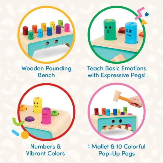 Battat, Pound and Count Wooden Bench 10-Peg Educational Toy for Toddlers Ages 1+ with Colorful Pegs Tiny Hands-Friendly Hammer Storage Slots to Learn Colors Numbers Emotions and Cause-and-Effect Skills - Battat - Image 5