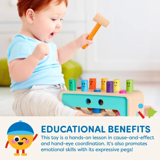 Battat, Pound and Count Wooden Bench 10-Peg Educational Toy for Toddlers Ages 1+ with Colorful Pegs Tiny Hands-Friendly Hammer Storage Slots to Learn Colors Numbers Emotions and Cause-and-Effect Skills - Battat - Image 6