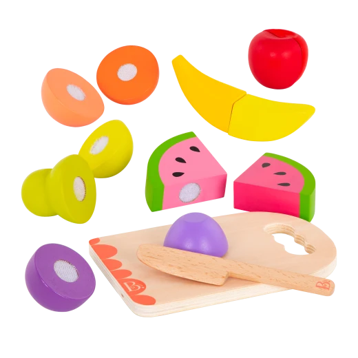 B. Toys, Wooden Toy Fruits Chop ‘n’ Play Set for Kids 2 Years and Up with 6 Sliceable Fruits Safe Wooden Knife Cutting Board Crunch Sound Pretend Play Educational Kitchen - B. toys - Image 2