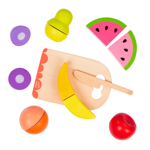 B. Toys, Wooden Toy Fruits Chop ‘n’ Play Set for Kids 2 Years and Up with 6 Sliceable Fruits Safe Wooden Knife Cutting Board Crunch Sound Pretend Play Educational Kitchen - B. toys - Image 3