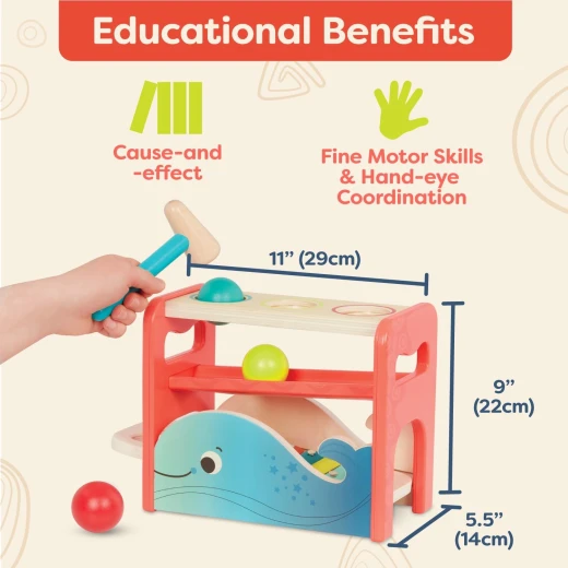 B. Toys, Pounding Bench and Xylophone Xylo-Pound Whale for Toddlers 12 Months and Up with Wooden Hammer 3 Balls Whale-Inspired Musical Toy Removable Colorful Xylophone Educational Play - B. toys - Image 2
