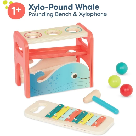 B. Toys, Pounding Bench and Xylophone Xylo-Pound Whale for Toddlers 12 Months and Up with Wooden Hammer 3 Balls Whale-Inspired Musical Toy Removable Colorful Xylophone Educational Play - B. toys - Image 3