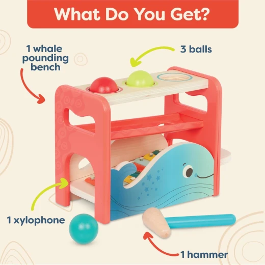 B. Toys, Pounding Bench and Xylophone Xylo-Pound Whale for Toddlers 12 Months and Up with Wooden Hammer 3 Balls Whale-Inspired Musical Toy Removable Colorful Xylophone Educational Play - B. toys - Image 5