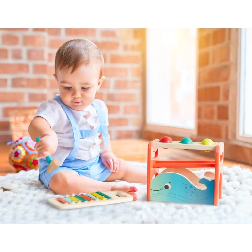 B. Toys, Pounding Bench and Xylophone Xylo-Pound Whale for Toddlers 12 Months and Up with Wooden Hammer 3 Balls Whale-Inspired Musical Toy Removable Colorful Xylophone Educational Play - B. toys - Image 9