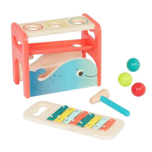 B. Toys, Pounding Bench and Xylophone Xylo-Pound Whale for Toddlers 12 Months and Up with Wooden Hammer 3 Balls Whale-Inspired Musical Toy Removable Colorful Xylophone Educational Play - B. toys - Image 10