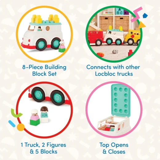 Battat, Locbloc Ambulance 8-Piece Build-On Playset with Toy Ambulance Build Surfaces 2 Figurines 5 Colorful Blocks Compatible with Major Brands Educational Construction Toy for Toddlers Ages 12 Months and Up - Battat - Image 4
