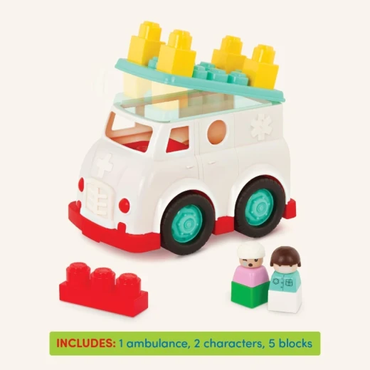 Battat, Locbloc Ambulance 8-Piece Build-On Playset with Toy Ambulance Build Surfaces 2 Figurines 5 Colorful Blocks Compatible with Major Brands Educational Construction Toy for Toddlers Ages 12 Months and Up - Battat - Image 6
