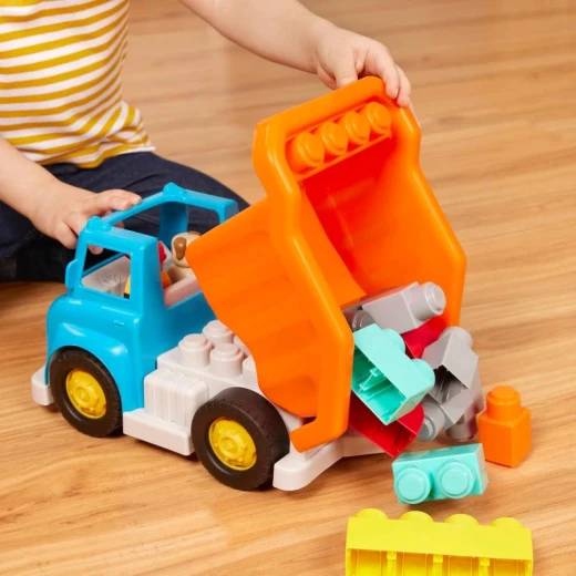 Battat Dump Truck Locbloc Building Toy for Kids 12+ Months, 17 Pieces with Removable Tilting Bucket, 2 Figures & 13 Colorful Blocks, Compatible with Major Building Block Brands - Battat - Image 2